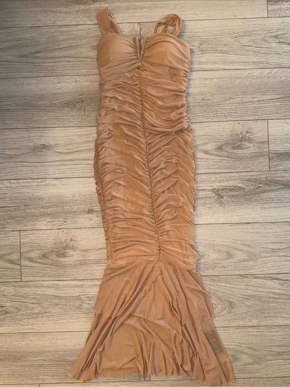 Chartou Collection Nude Ruched Mesh Mermaid Maxi Dress M